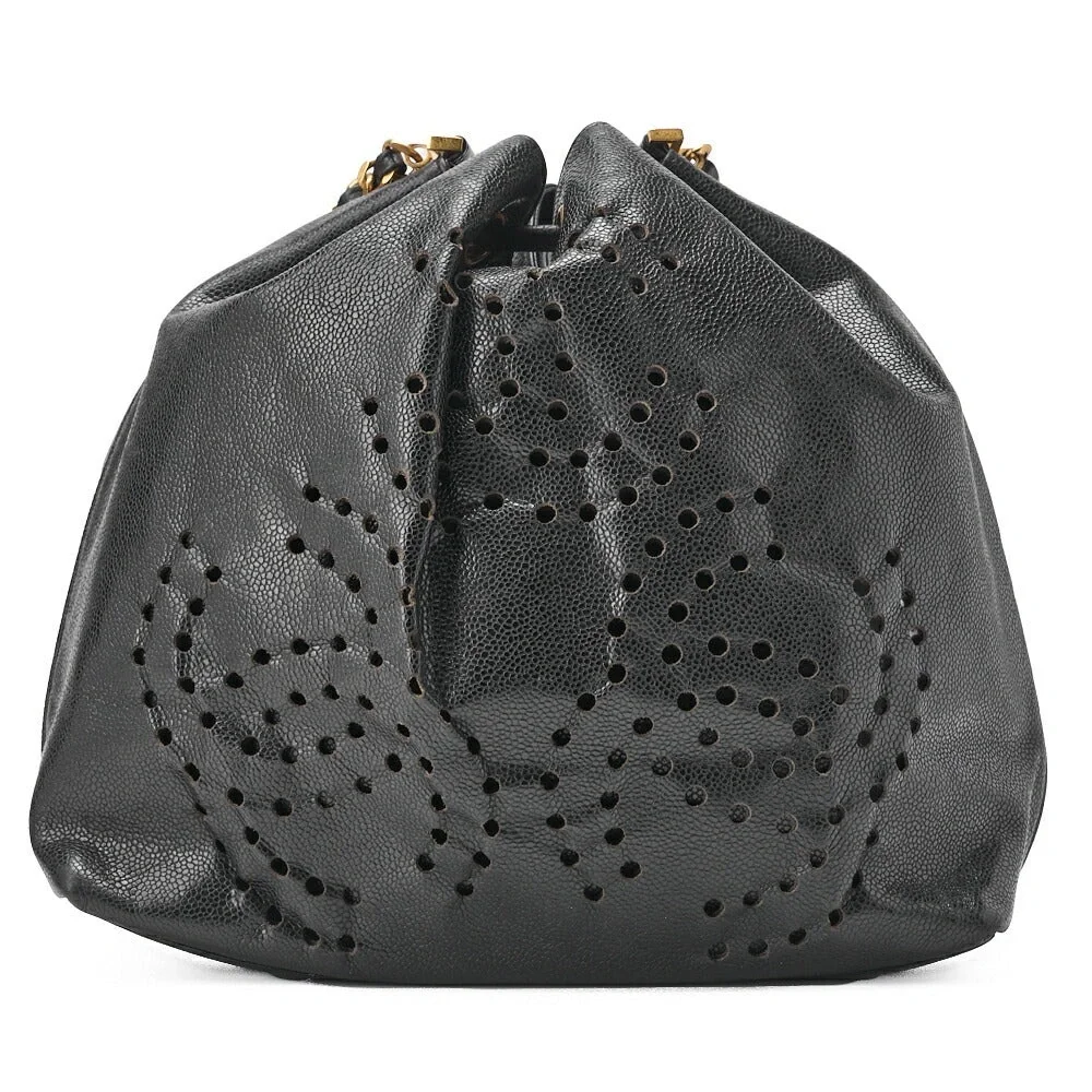 Authentic CHANEL Black caviar perforated bucket drawstring with removable pouch